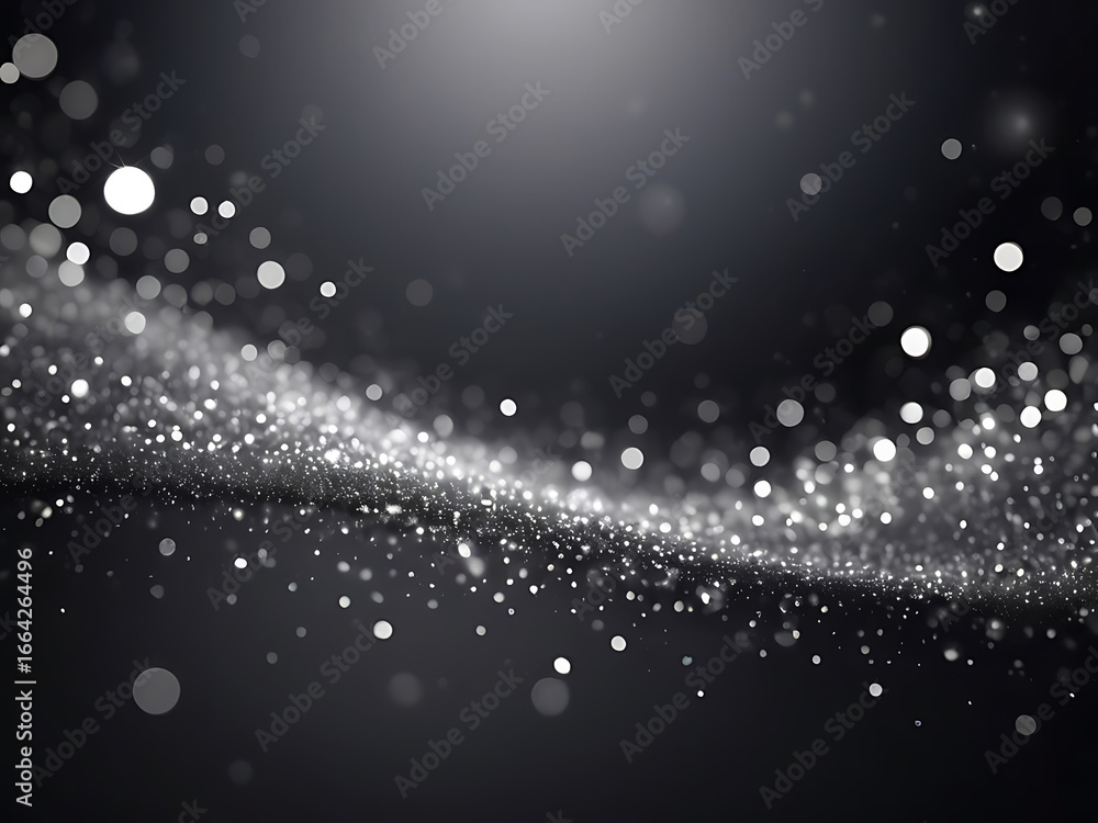 Poster elegant black and silver background with a flowing wave of sparkling particles and bokeh.