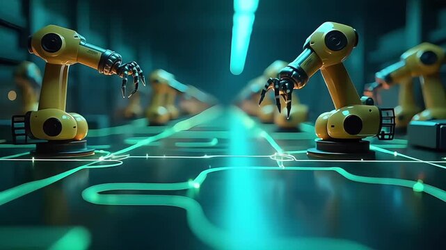 Futuristic AI Integration in Smart Factory with Digital Robotic Connections and Data Streams
