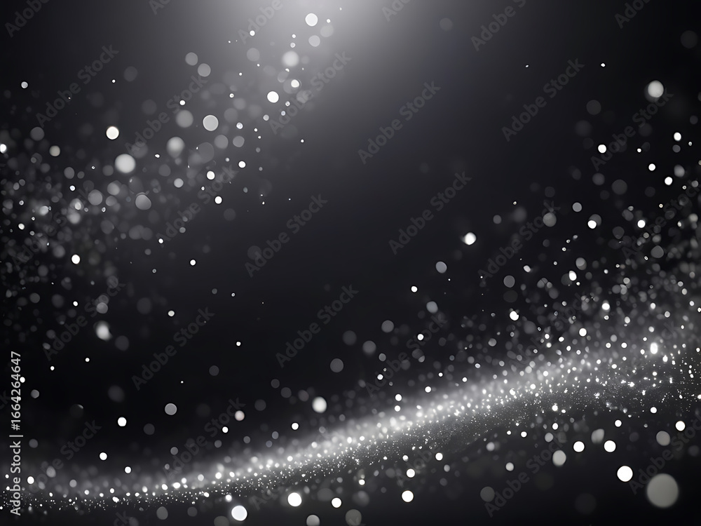 Poster elegant black and silver background with a flowing wave of sparkling particles and bokeh.
