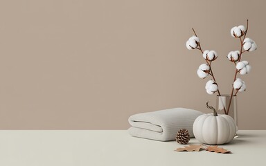 Modern Fall Still Life with White Pumpkin and Cotton Stems