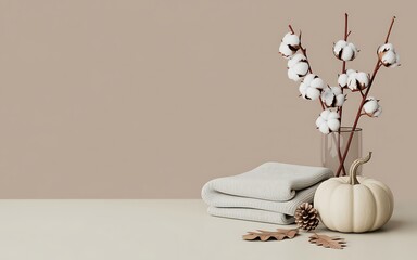 Modern Fall Still Life with White Pumpkin and Cotton Stems