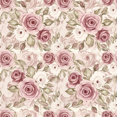 Seamless Pattern, Seamless pattern featuring delicate roses and foliage in a soft, vintage color palette Stock royalty free  image.