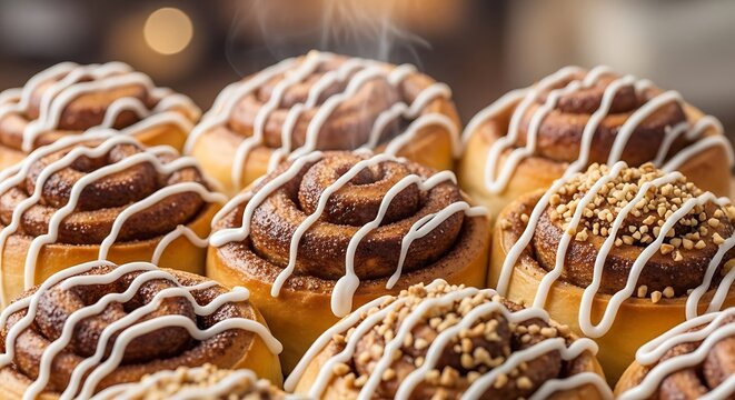 Delicious freshly baked cinnamon rolls with sweet white icing drizzle on display.