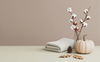 Modern Fall Still Life with White Pumpkin and Cotton Stems