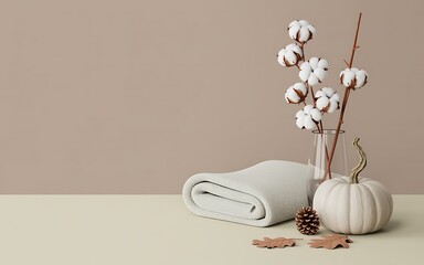 Modern Fall Still Life with White Pumpkin and Cotton Stems