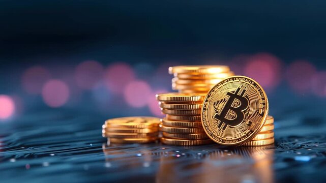 Golden bitcoin coin stack digital currency blockchain technology glowing background futuristic finance investment concept wealth innovation prosperity