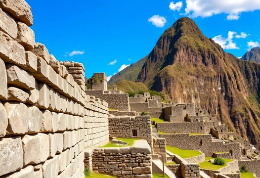 Ancient Inca stone walls, intricate architecture, mountain backdrop,  Andes,   travel photography