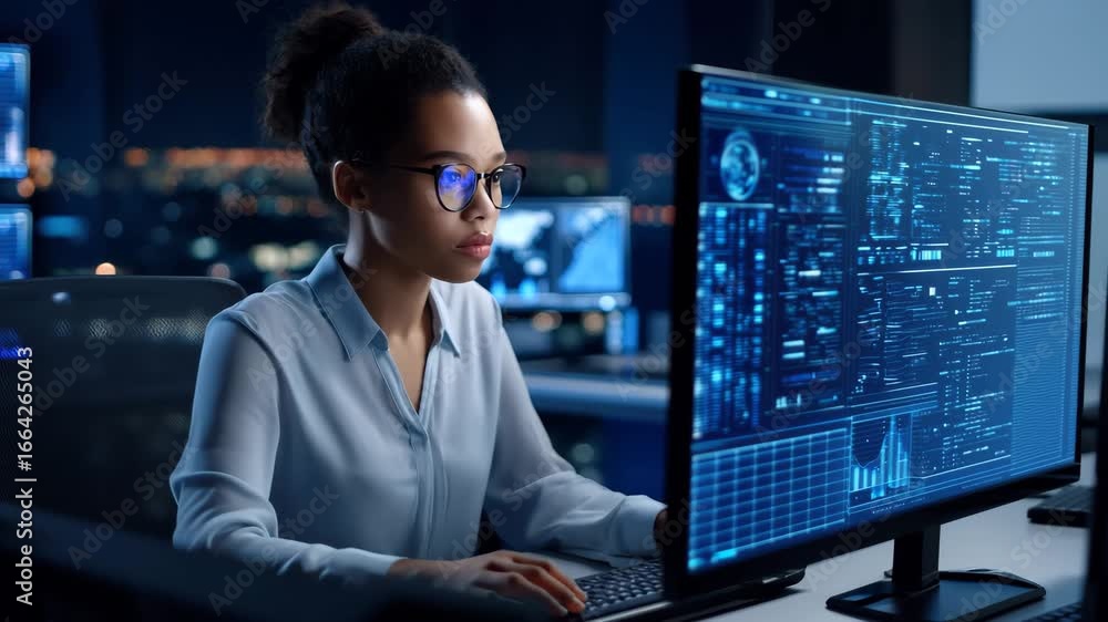 Aufkleber woman in modern office at night using computer for data analysis, coding, and technology with multip
