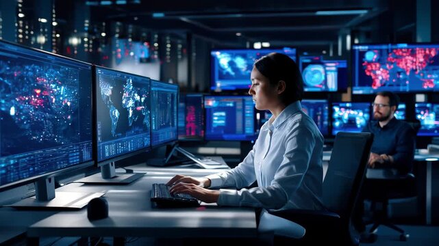 Cybersecurity analyst monitoring global cyber threats multiple computer screens high tech and modern control room, focused and professional