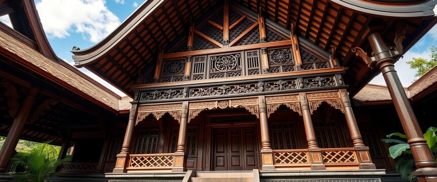 Classic Javanese joglo house, intricate roof structure, wooden pillars, image, building exterior