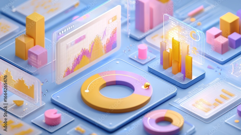 Fototapete data analysis concept 3d illustration. icon composition with statistics on charts and diagrams at si
