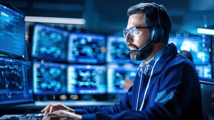 Cybersecurity analyst with headset monitors data multiple computer screens modern control room, technology professional focused digital security - Powered by Adobe