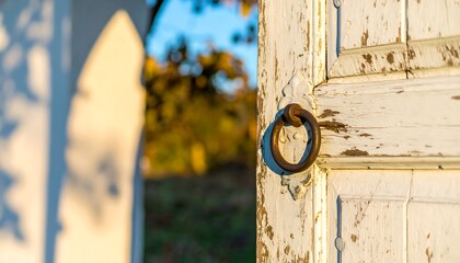 Aged, weathered white door with antique metal ring handle, bathed in golden sunlight.