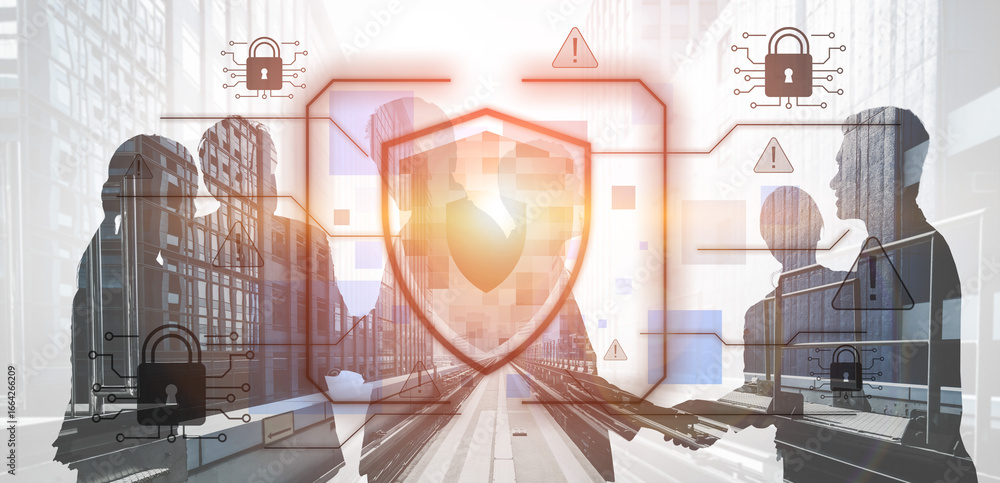 Poster cyber security protects against breaches, hacks, and network attacks using strong infrastructure and