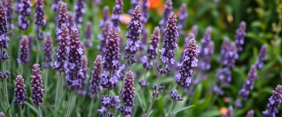 Obraz premium Purple lavender flowers blooming in a lush garden, nature, beautiful