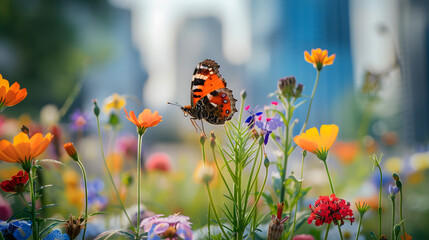 A colorful orange butterfly with patterned wings rests on a yellow daisy blossom in a beautiful summer garden