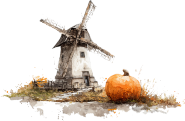 Rustic watercolor windmill and pumpkin evoke cozy autumn harvest feel