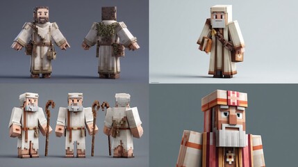 Four 3D-rendered, blocky figures in white robes, depicting variations of older men with staffs, pouches, and differing levels of wear and accessories; one wears a red and white hat