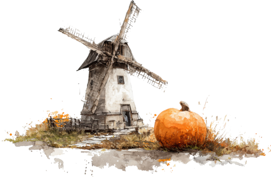 Rustic watercolor windmill and pumpkin evoke cozy autumn harvest feel