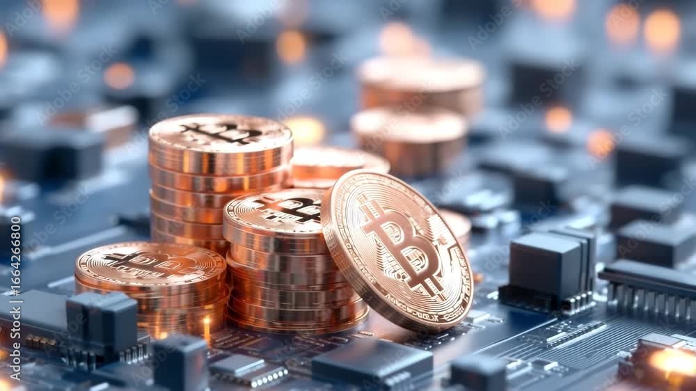 Poster stacked bitcoin coin electronic circuit board, digital currency blockchain technology, futuristic fi