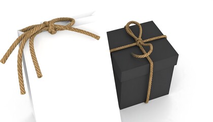 A presentation of a white tag and a dark gift box, both tied with a light brown rope.