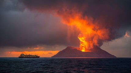   A boat on water near a mountain with a large smoke plume