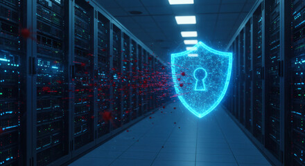 Cybersecurity shield protecting a data center's server racks from a digital virus attack, representing network security and data protection