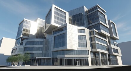 Exterior view of a modern corporate office building with a complex architectural design.