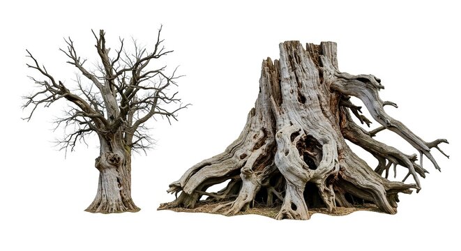A leafless tree stands beside a weathered tree stump with gnarled roots on a white background