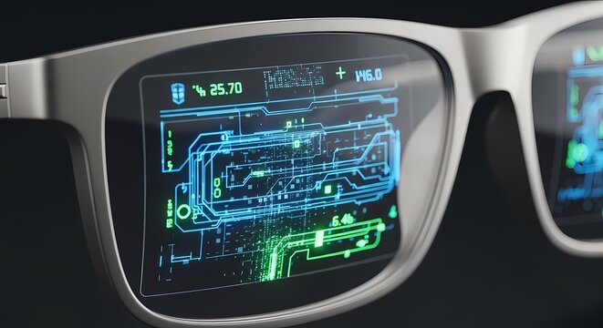 Close-up of futuristic smart glasses with a detailed digital display.