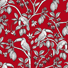 Toucans sitting on cocoa branches vector seamless pattern in Toile de Jouy style. Hand drawn line art illustrations of exotic birds and plants. Endless background for textiles and chocolate packaging.