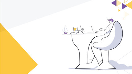 Remote Work Illustration – Person Working on Laptop at Desk with Coffee and Cat