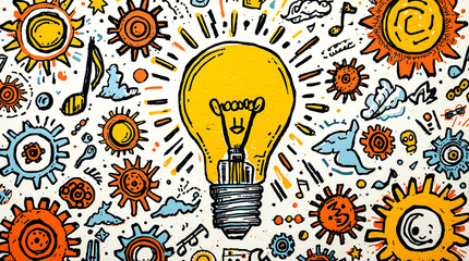 Bright idea concept featuring a glowing lightbulb surrounded by gears sunbursts musical notes and creative symbols for innovation and inspiration
