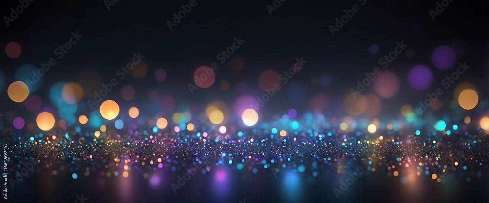 Poster elegant black and silver background with a flowing wave of sparkling particles and bokeh.