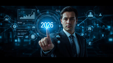 Futuristic businessman interacts with glowing '2026' on a high-tech digital interface showcasing data analytics and global connections