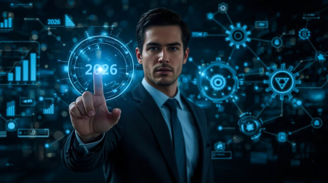 Businessman interacting with futuristic holographic digital interface blue globe and data visualizations technology concept