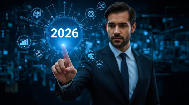 Businessman touching futuristic interface displaying the year 2026 with blue digital data overlays and cityscape background