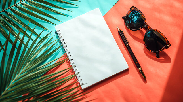 Tropical getaway vibes open notebook pen sunglasses and palm leaves on orange surface with turquoise lighting overhead view