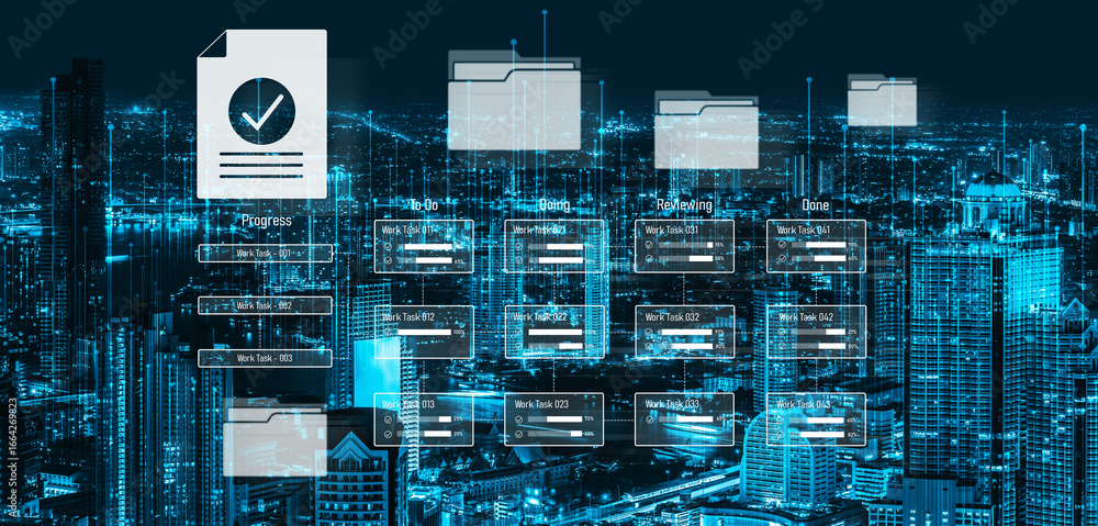 Poster task management workflow dashboard visualizing to-do lists, ongoing tasks, review status, and comple