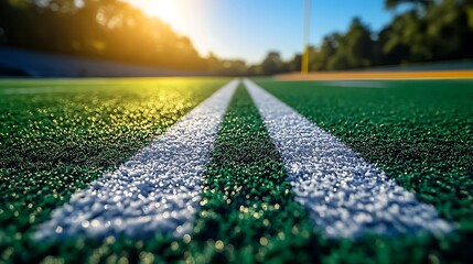 Football field lines leading to sunny stadium background Fresh green turf.