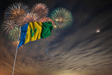Waving National flag of Saint Vincent and the Grenadines and holiday fireworks