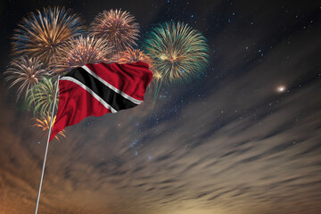 Waving National flag of Trinidad and Tobago and holiday fireworks