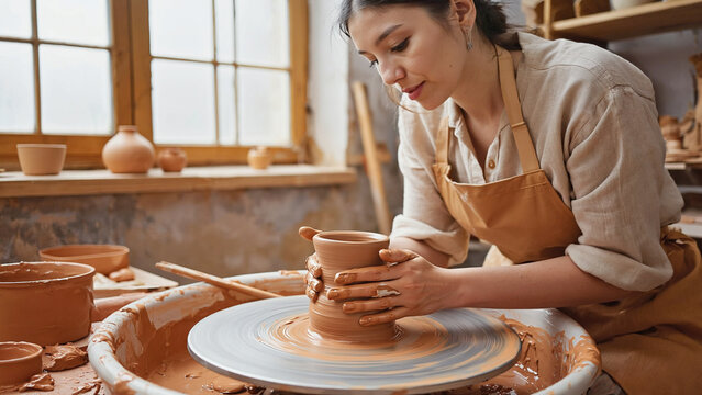Artisan's Craft: A skilled artisan meticulously shapes clay on a pottery wheel, embodying the timeless art of ceramics. The studio's gentle light enhances the sense of craftsmanship and creativity.