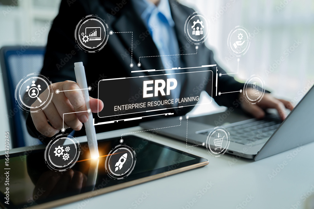 Poster erp platform visual showing centralized system for enterprise resource planning, improving integrati