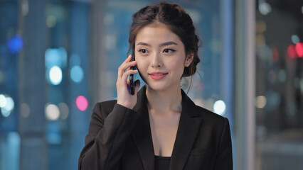 Engaging Conversation: A stylish female professional is captured mid-conversation, a close-up of her relaxed expression and a sleek smartphone. The city lights blur in the background.