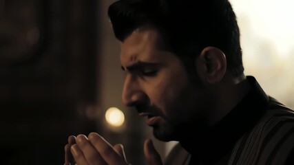 Side view of a devout Muslim man praying sincerely with hands raised in a dimly lit room
