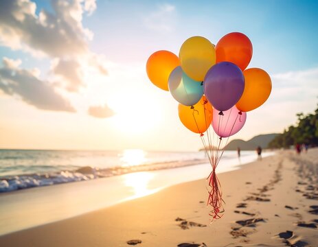 Colorful balloons on beach at sunset