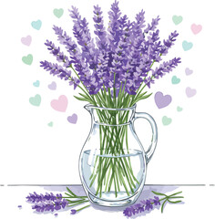Lavender bouquet in glass pitcher romantic hearts