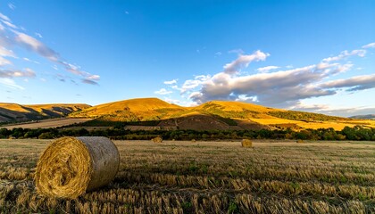 Golden hay bale rests in a sun-drenched field, framed by rolling hills and a vibrant blue sky.