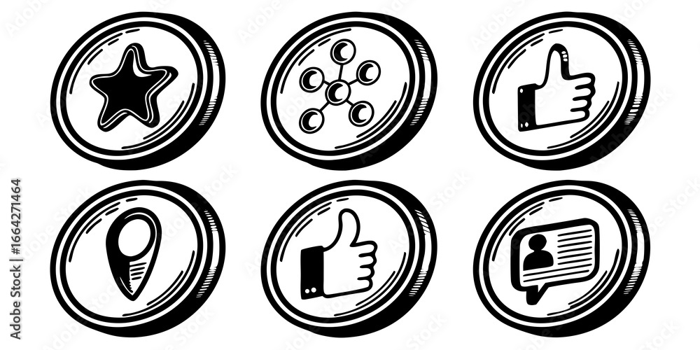 Poster collection of social media icons in a circular design with a black and white color scheme offering a